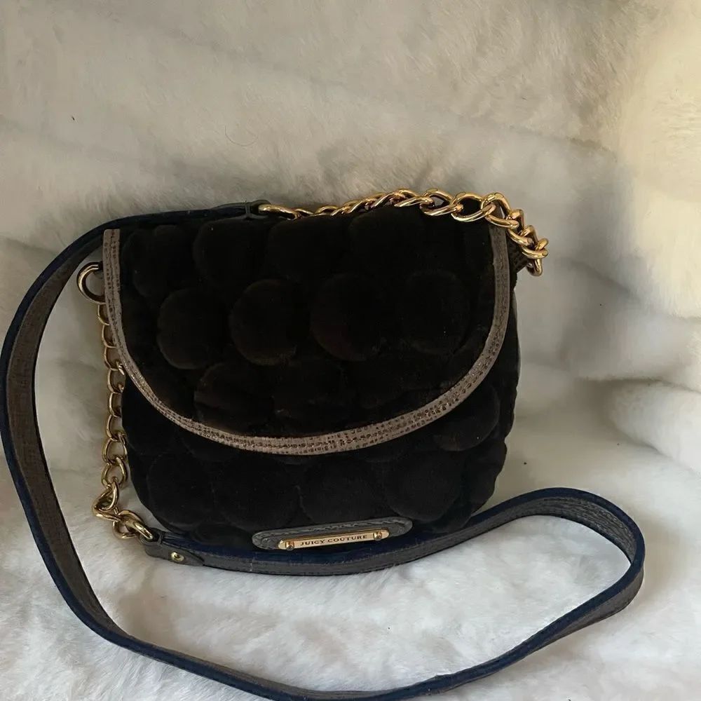 Juicy Couture black quilted velvet crossbody bag with leather gray trim &strap